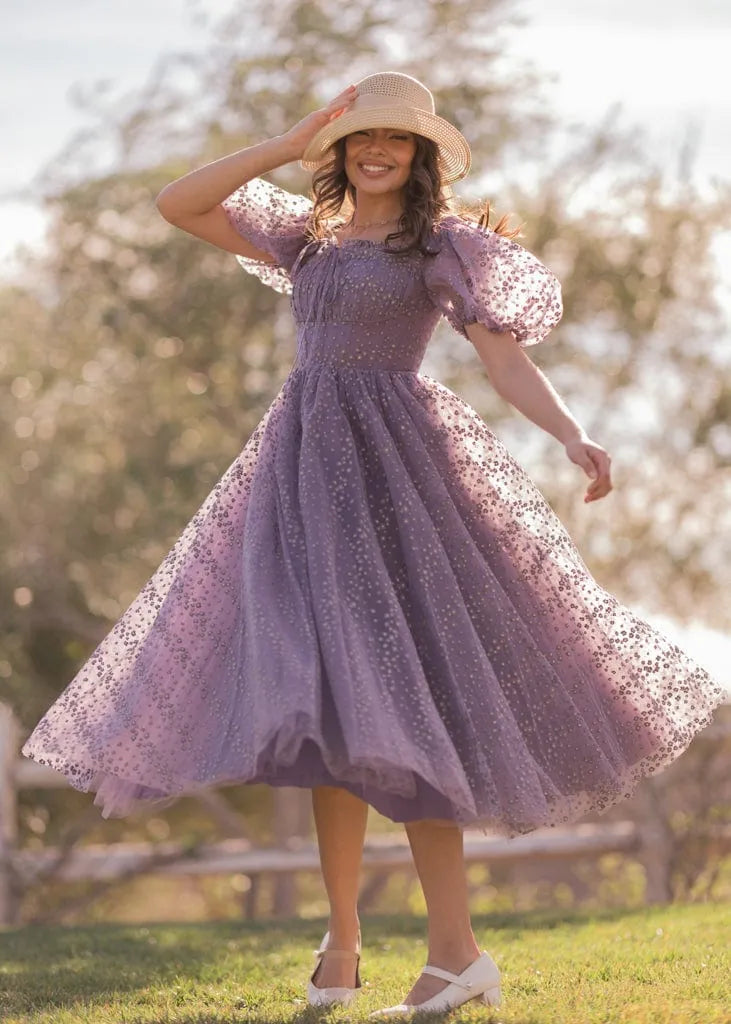 Everbloom Puff Sleeve Midi Dress in Purple