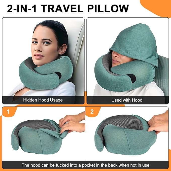 Travel Pillow - Hooded Neck Pillow Airplane Memory Foam Filling - Image 2